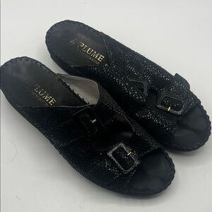 La Plume Black Leather Slide Sandals with Buckles